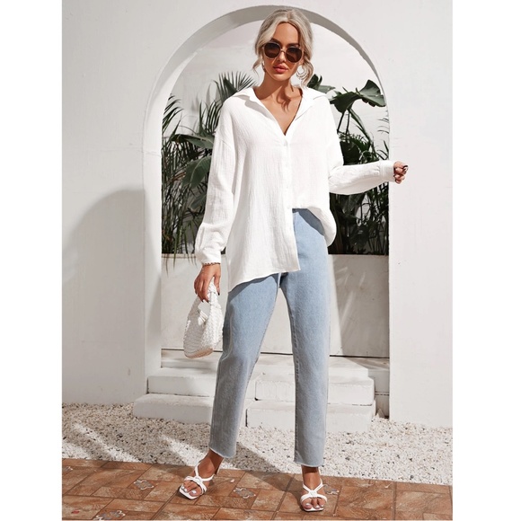 Cotton White Casual Shirt Button Down Up Long Sleeve - Picture 11 of 13